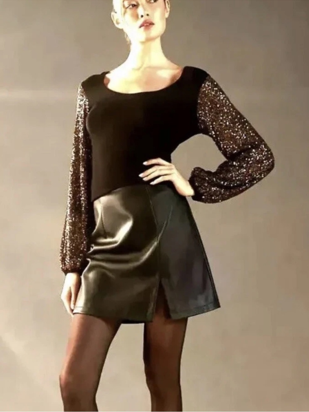 Anthropologie Blank London Gold Sequin Sleeve Black Sweater XS NWOT